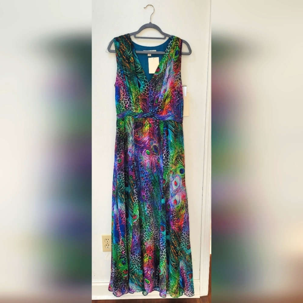 Boston Proper Multicolor Peacock Print Maxi Dress